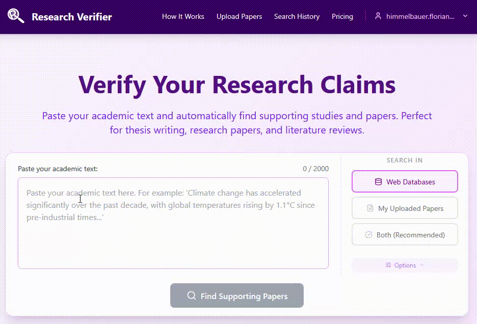 Research Verifier demo — paste your research text and instantly find supporting academic papers